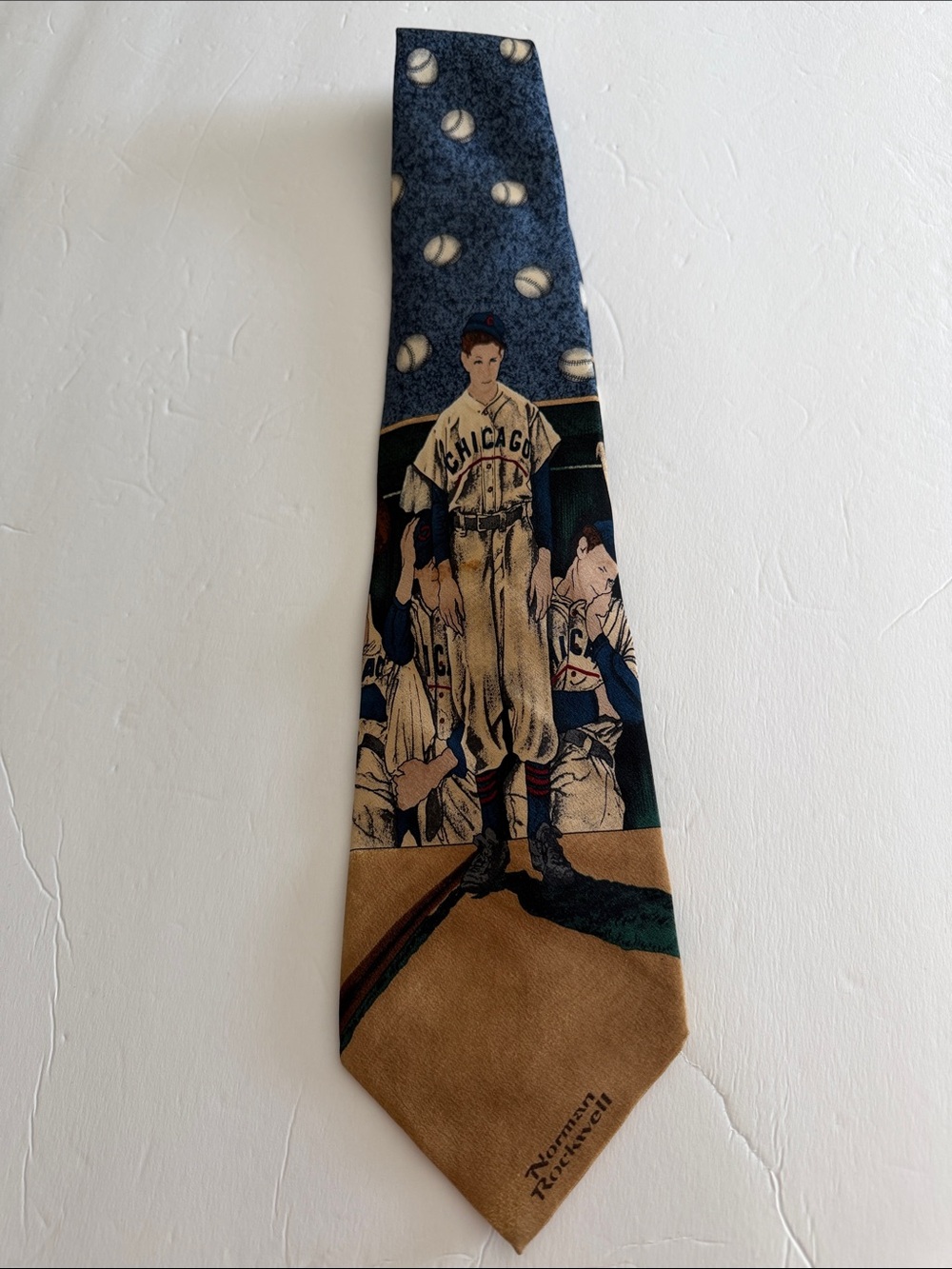 Norman Rockwell Vintage Chicago Baseball Player Novelty Tie in Navy & Tan